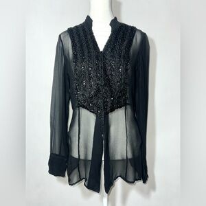 Willi Smith 100% Silk Black Semi-Sheer Beaded Jeweled Cuff Blouse Top Large
